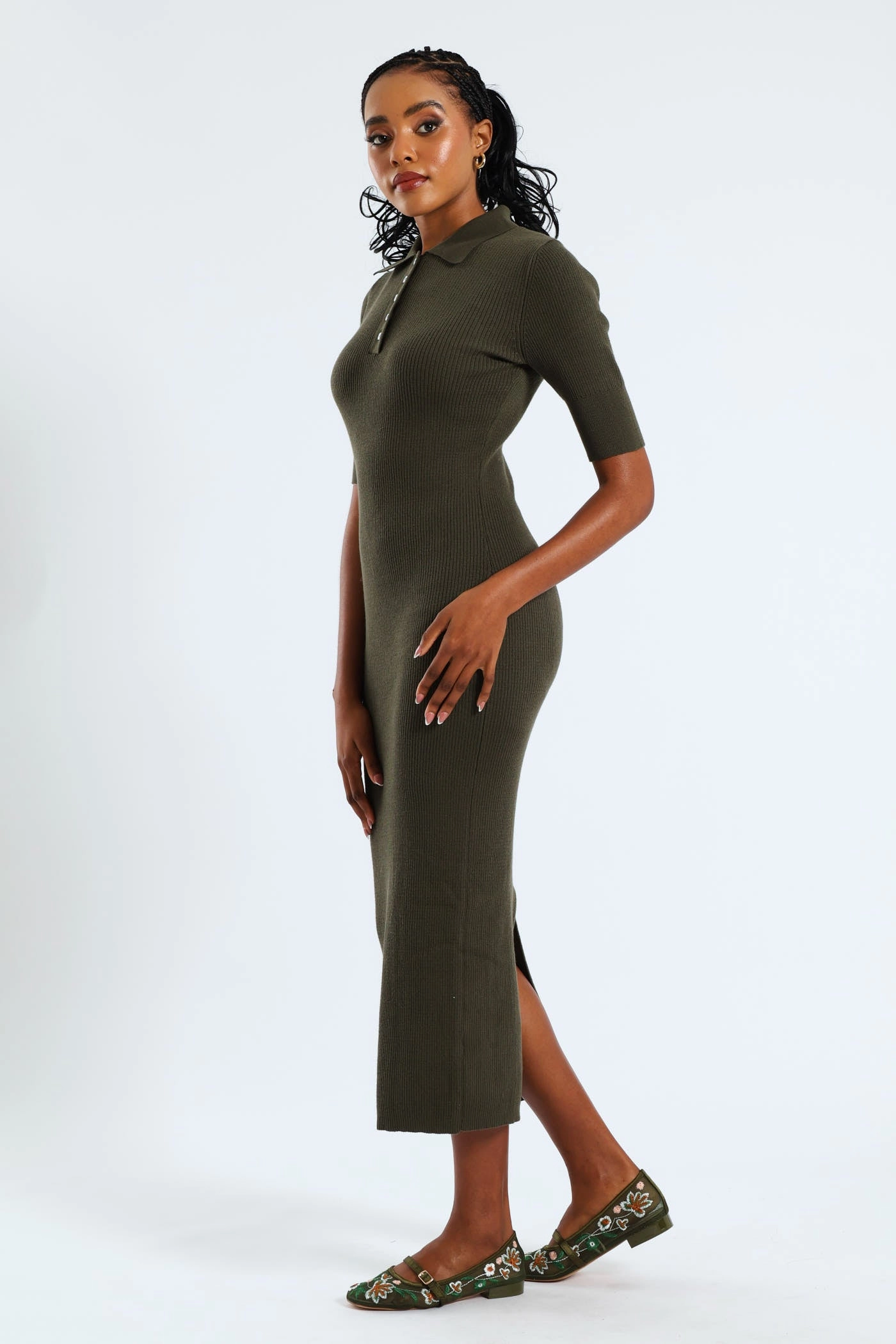 1/2 Placket Collared Knitwear Midaxi Dress - Dark Fatigue Effortless Look Texture Softness