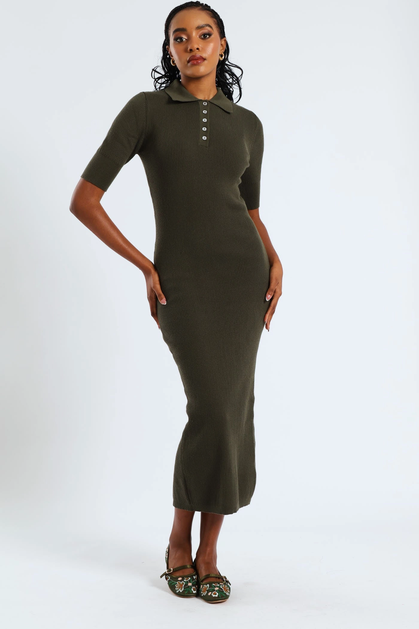 1/2 Placket Collared Knitwear Midaxi Dress - Dark Fatigue Outfit Boost