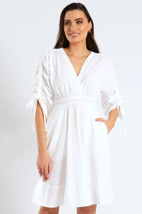 Smart and Stylish 3/4 Ruched Balloon Sleeve Belted Kimono Fit & Flare Mini Dress - White