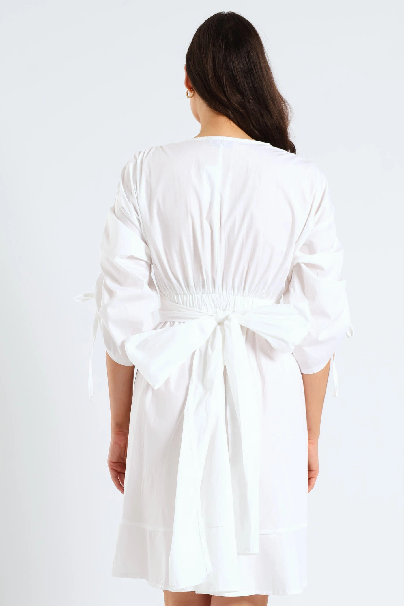 Quiet Luxury 3/4 Ruched Balloon Sleeve Belted Kimono Fit & Flare Mini Dress - White