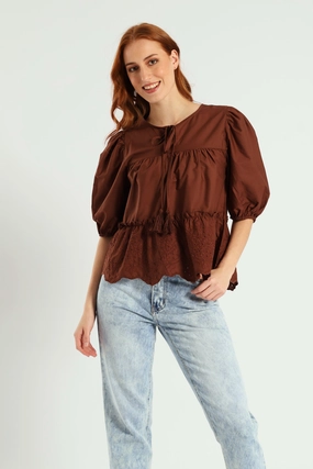 Biodegradable material 3/4 Sleeve Babydoll Puff Printed Top - Dark Brown