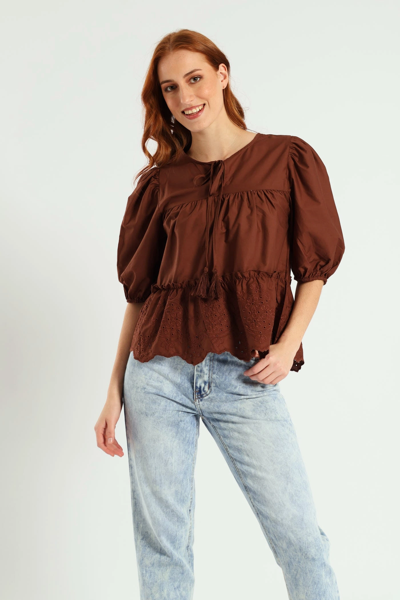 Curved Hem 3/4 Sleeve Babydoll Puff Printed Top - Dark Brown