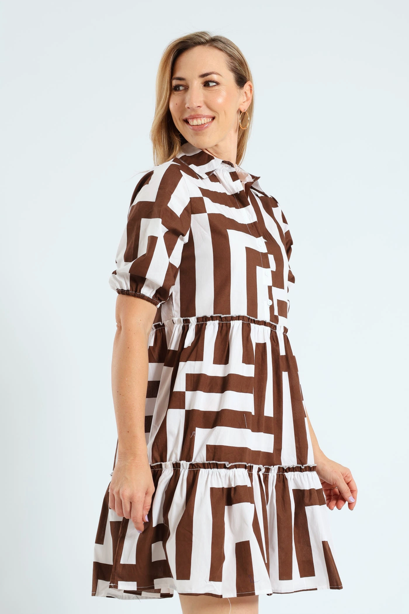 3/4 Sleeve Half Placket Frill Tiered Shirt Mini Dress - Brown/White Romantic-Detail