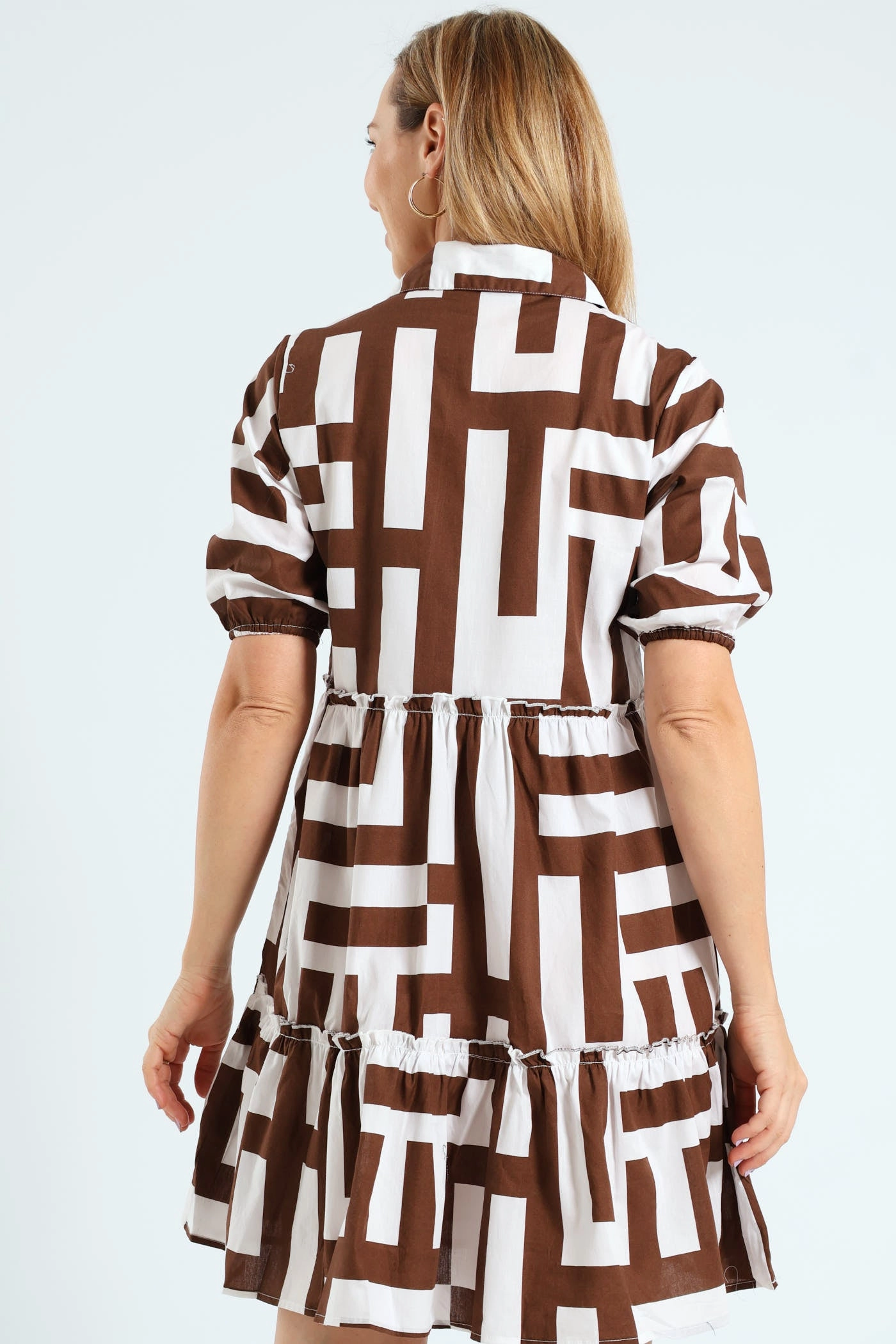 Mood Focused Occasion Ready 3/4 Sleeve Half Placket Frill Tiered Shirt Mini Dress - Brown/White