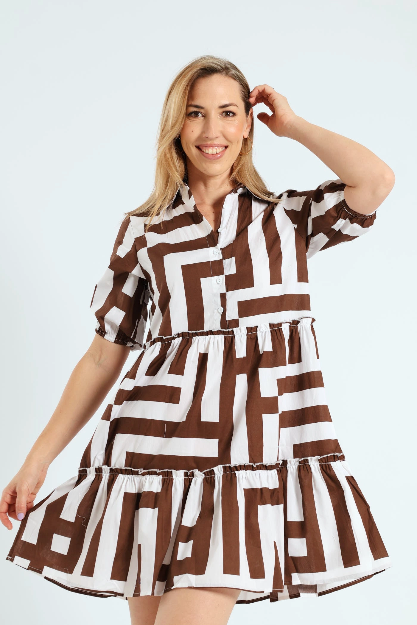 3/4 Sleeve Half Placket Frill Tiered Shirt Mini Dress - Brown/White Elegant holiday wear Elegant Tailoring