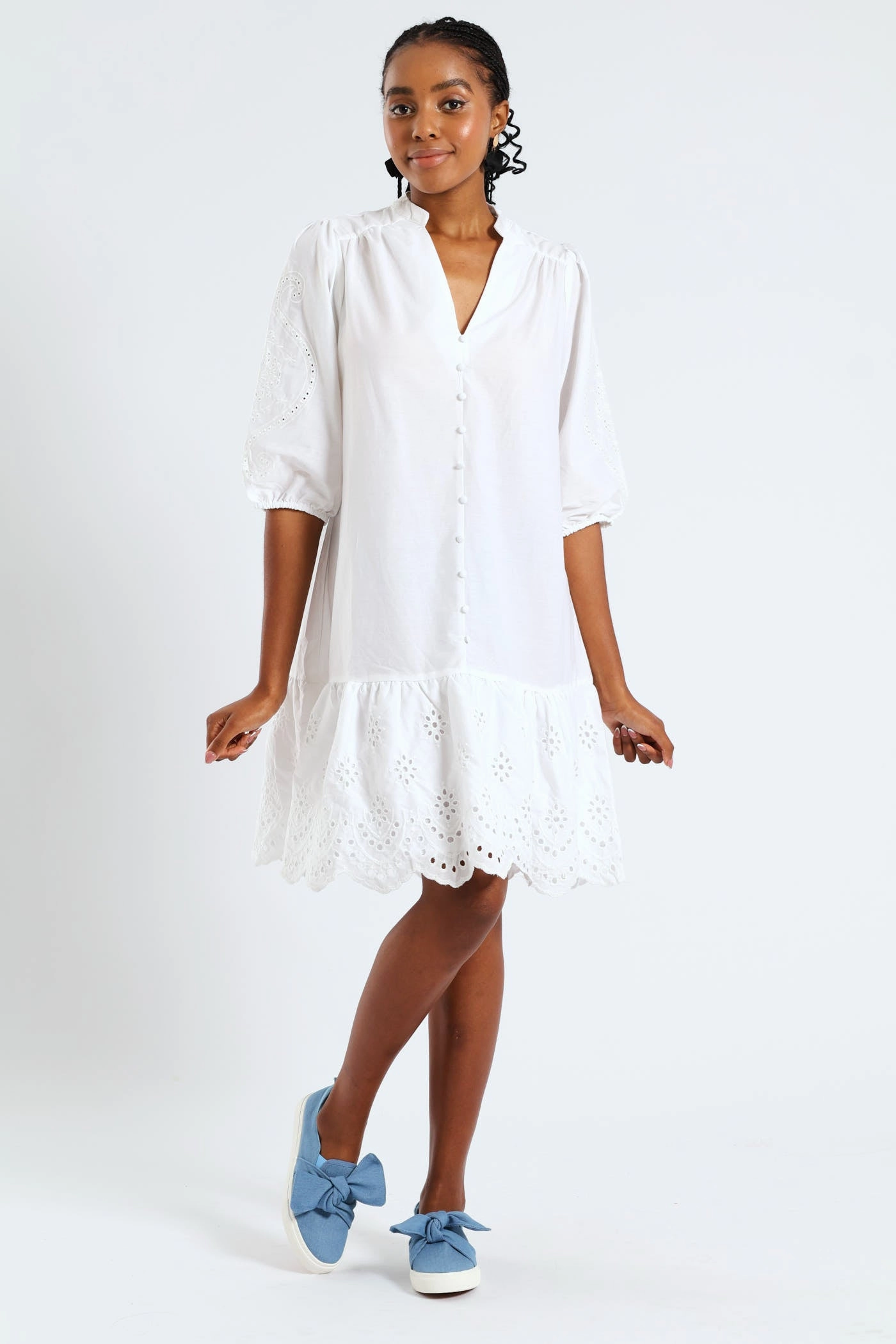 City Layers 3/4 Sleeve Mandarin Collar Anglaise Detail Drop Hem Mini Dress - White