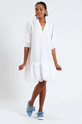 City Layers 3/4 Sleeve Mandarin Collar Anglaise Detail Drop Hem Mini Dress - White