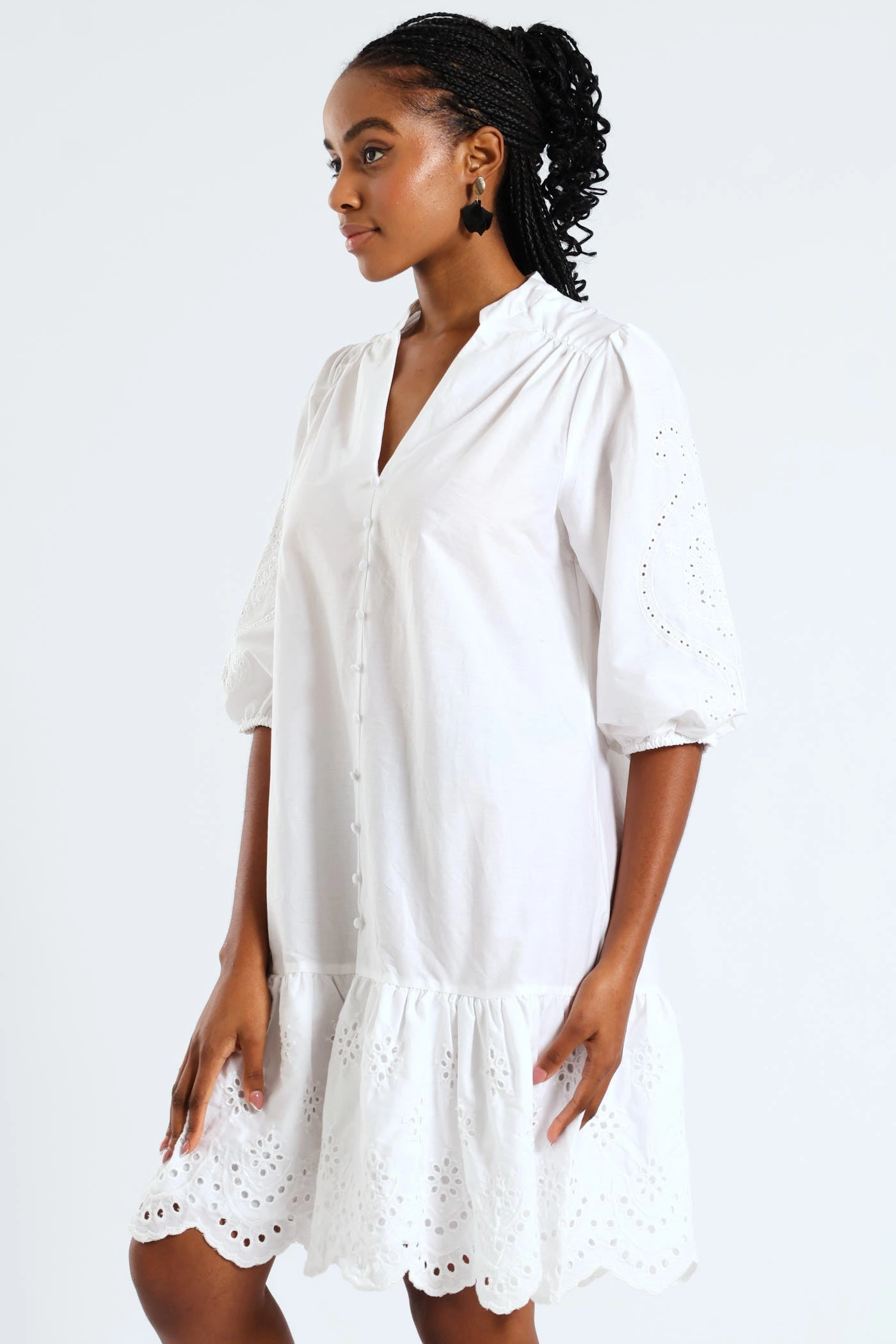 3/4 Sleeve Mandarin Collar Anglaise Detail Drop Hem Mini Dress - White Dry-Clean-Only Lux Look