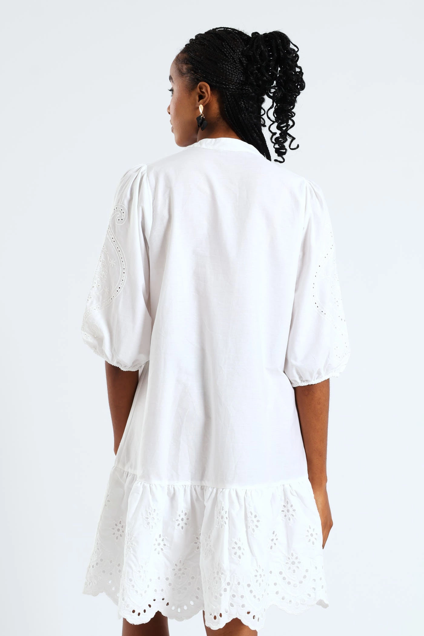 3/4 Sleeve Mandarin Collar Anglaise Detail Drop Hem Mini Dress - White Classic Cut Style Vibes