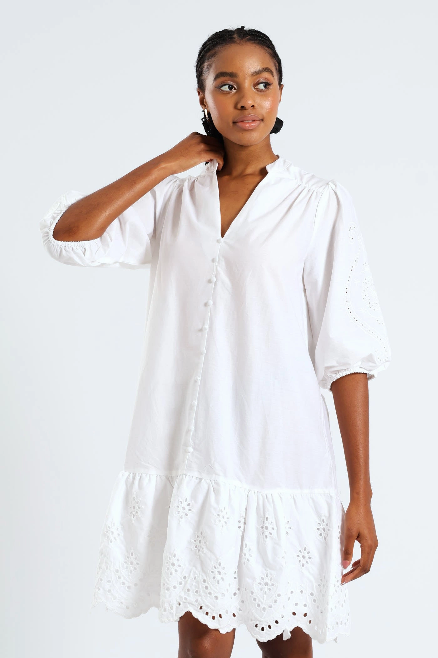 3/4 Sleeve Mandarin Collar Anglaise Detail Drop Hem Mini Dress - White Casual-Look