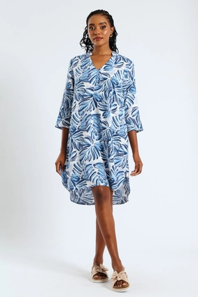 Trendy Fit 3/4 Sleeve Mandarin Collar Pleat Front Printed Shift Dress - White/Blue