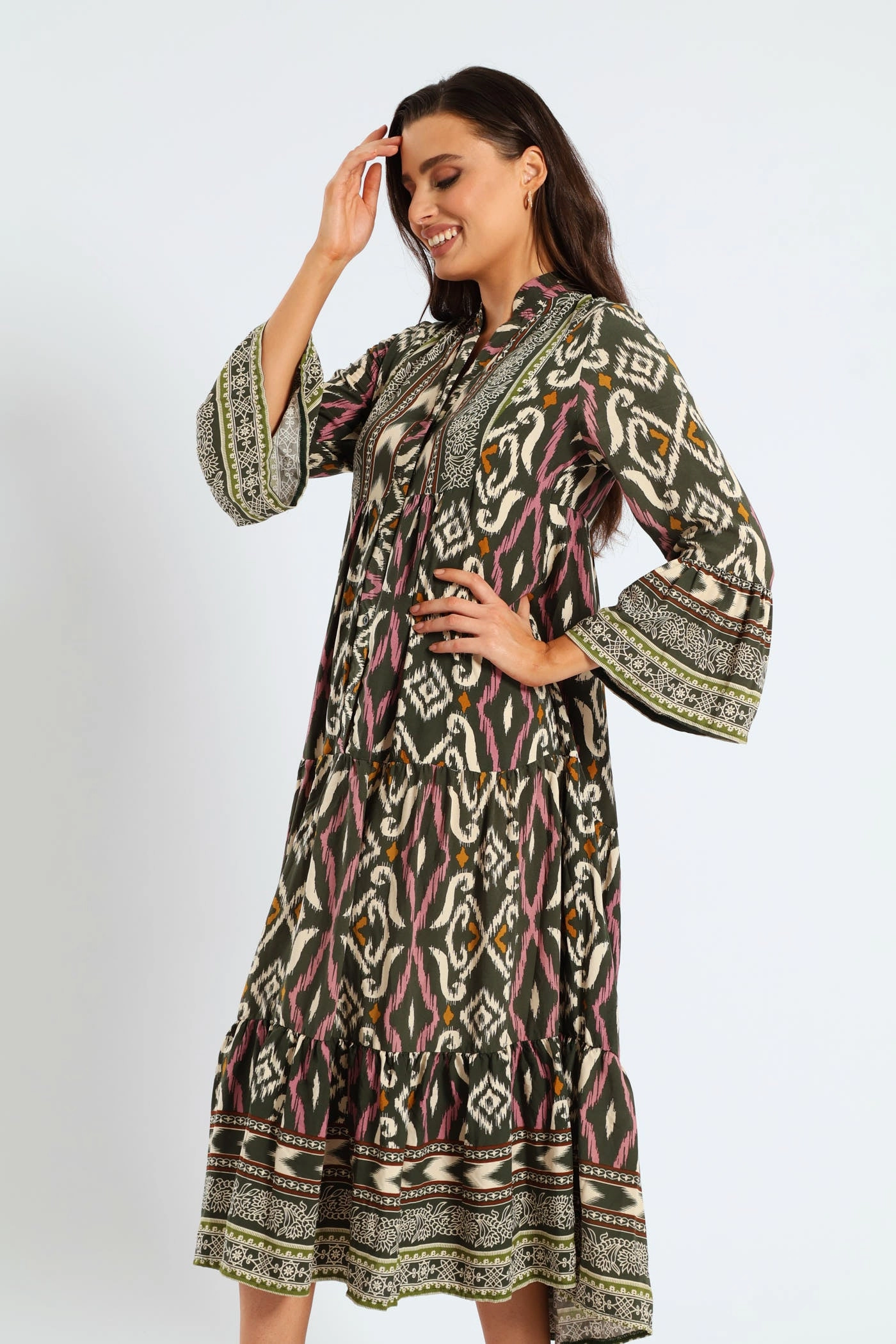 Chill Design 3/4 Sleeve Palm Border Print Tent Midaxi Dress - Multi