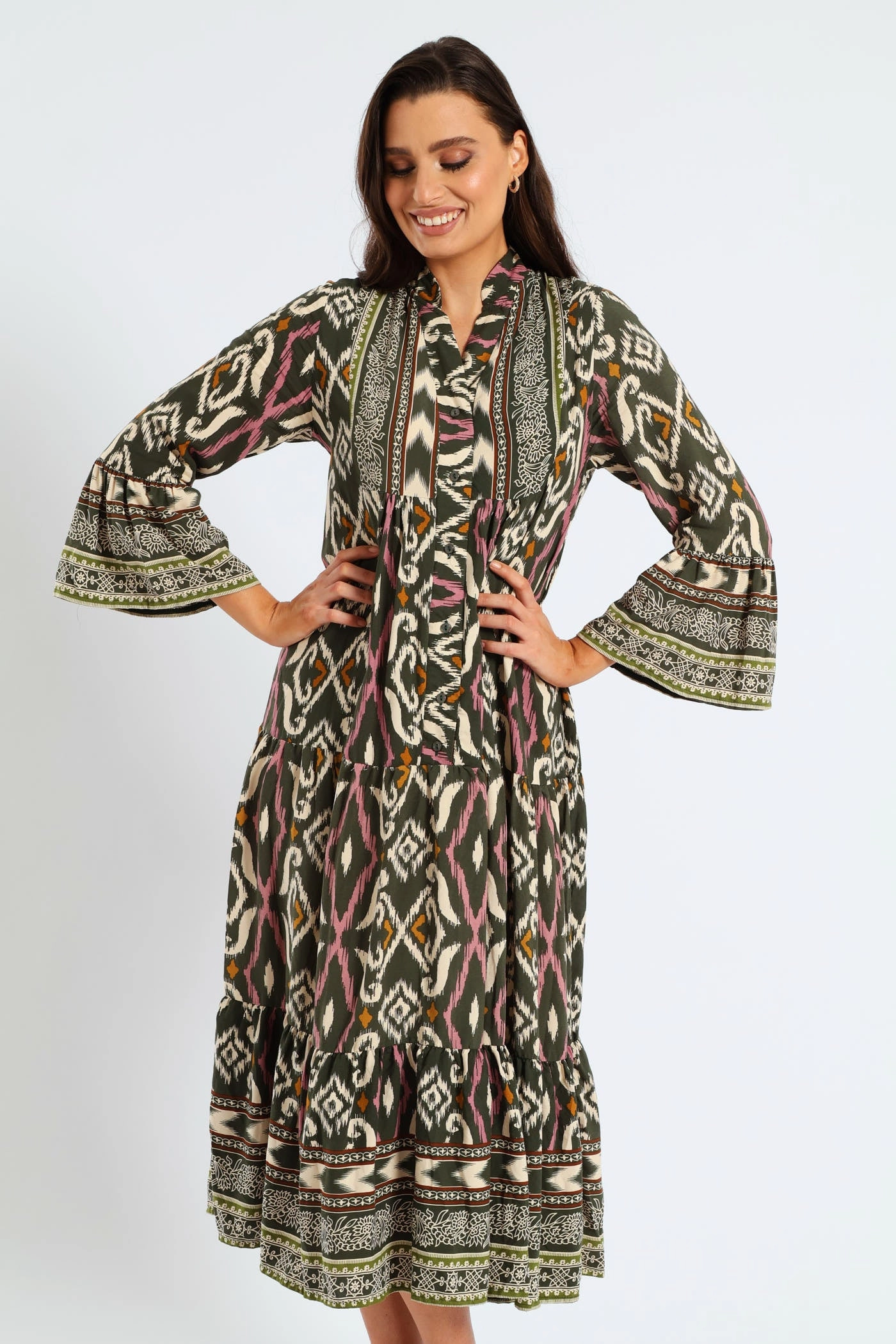 3/4 Sleeve Palm Border Print Tent Midaxi Dress - Multi All Inclusive