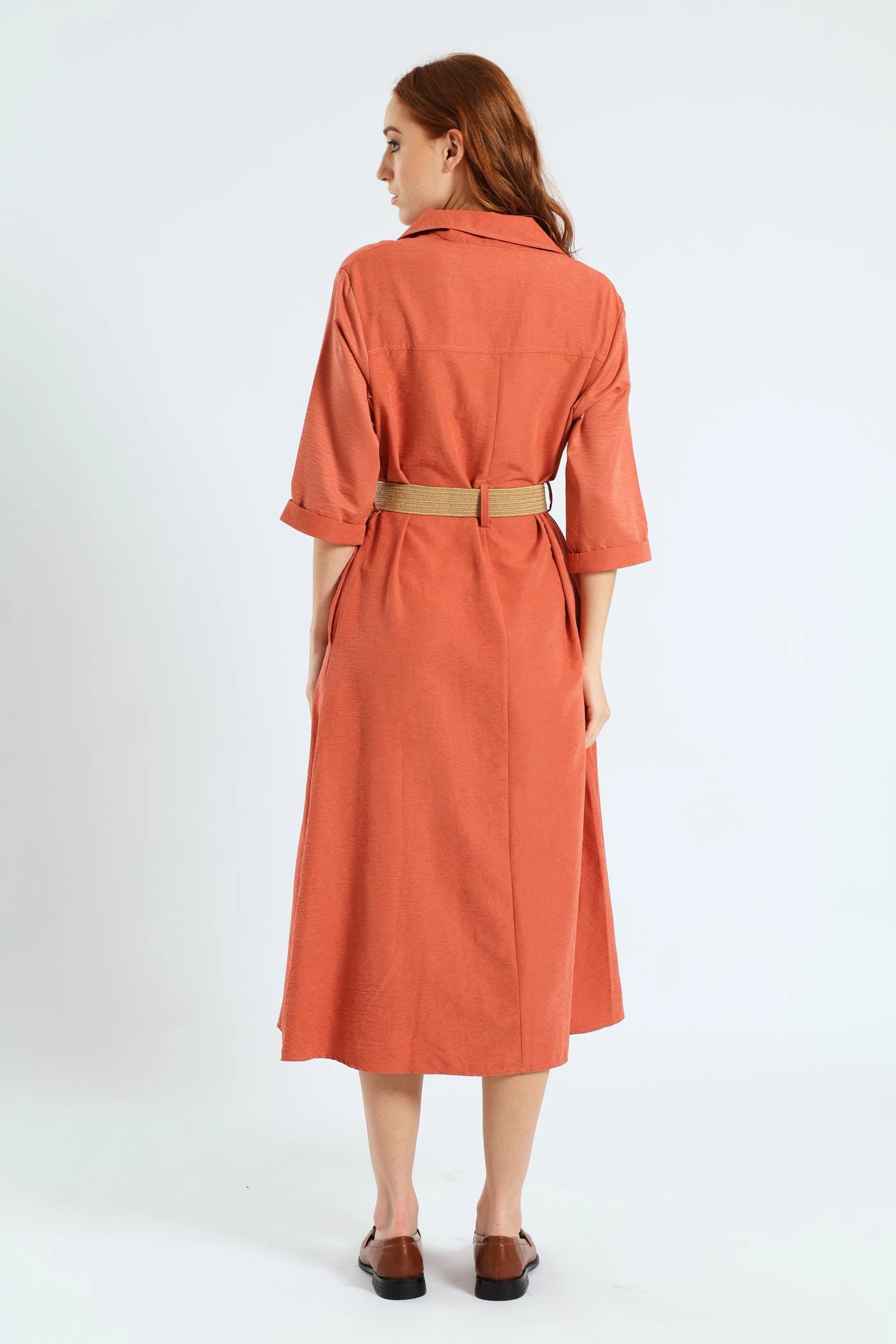 Matte-finish 3/4 Sleeve Raffia Belt Midaxi Shirt Dress - Terracotta