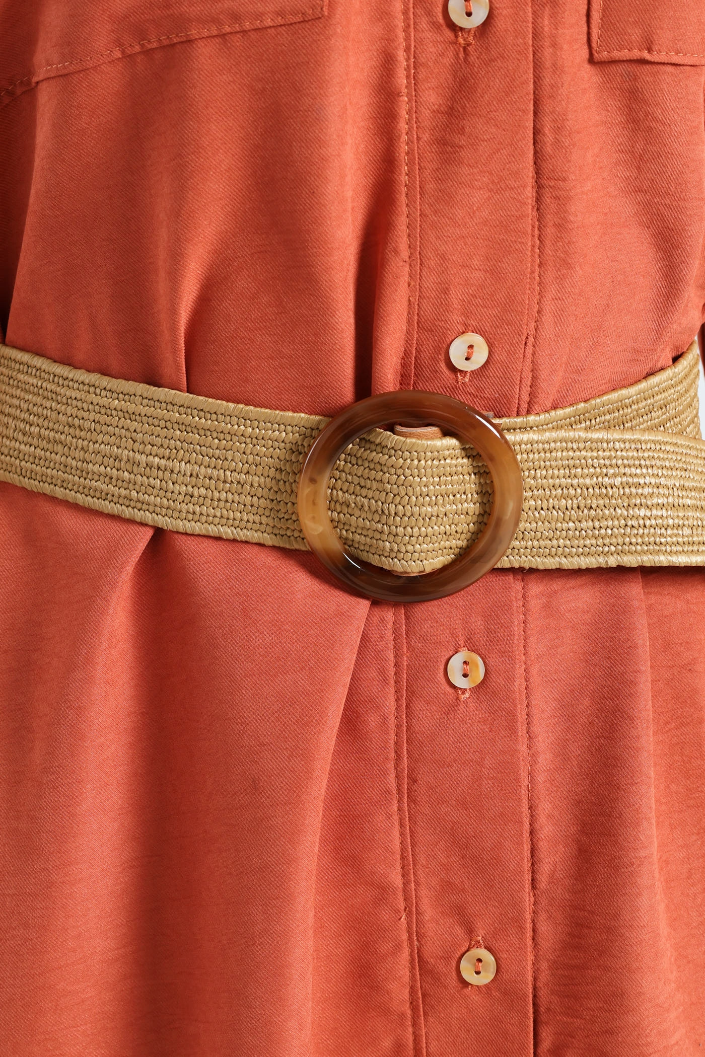 3/4 Sleeve Raffia Belt Midaxi Shirt Dress - Terracotta Stylish Touch A Line Cut
