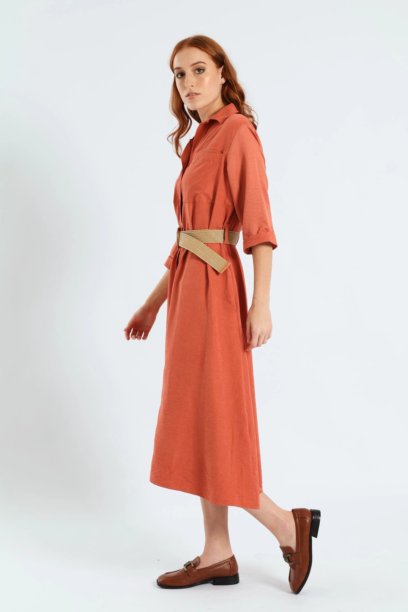 Classic wrap dress Trend Smart 3/4 Sleeve Raffia Belt Midaxi Shirt Dress - Terracotta