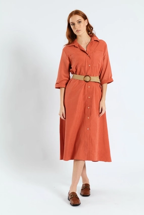 Soft Outfit 3/4 Sleeve Raffia Belt Midaxi Shirt Dress - Terracotta