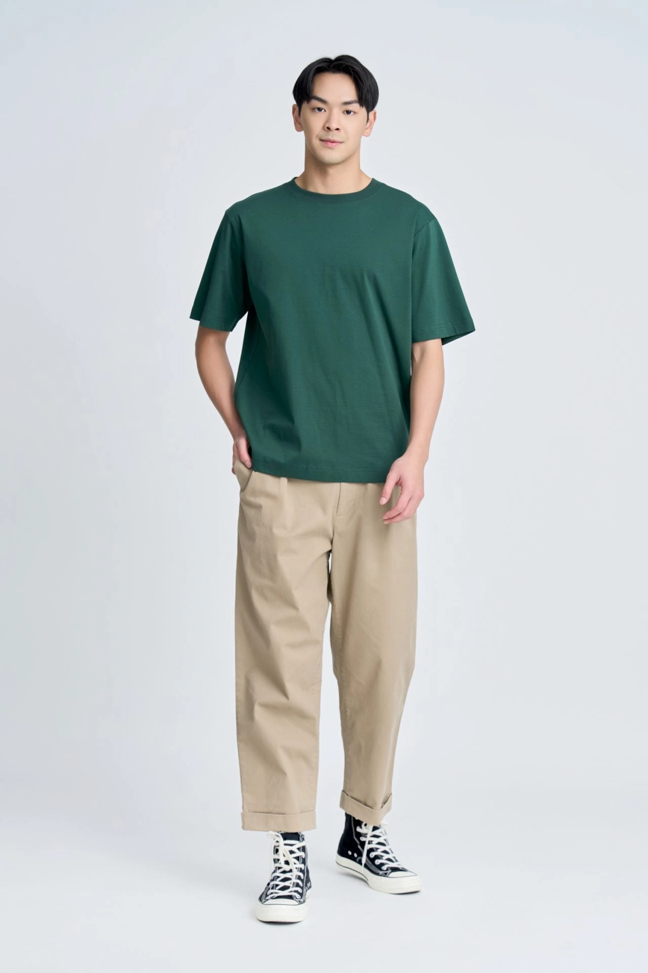 (A) Essential Crew Neck Tee - Army Green [AT] Seamless Knit Design FlexibleCuffs