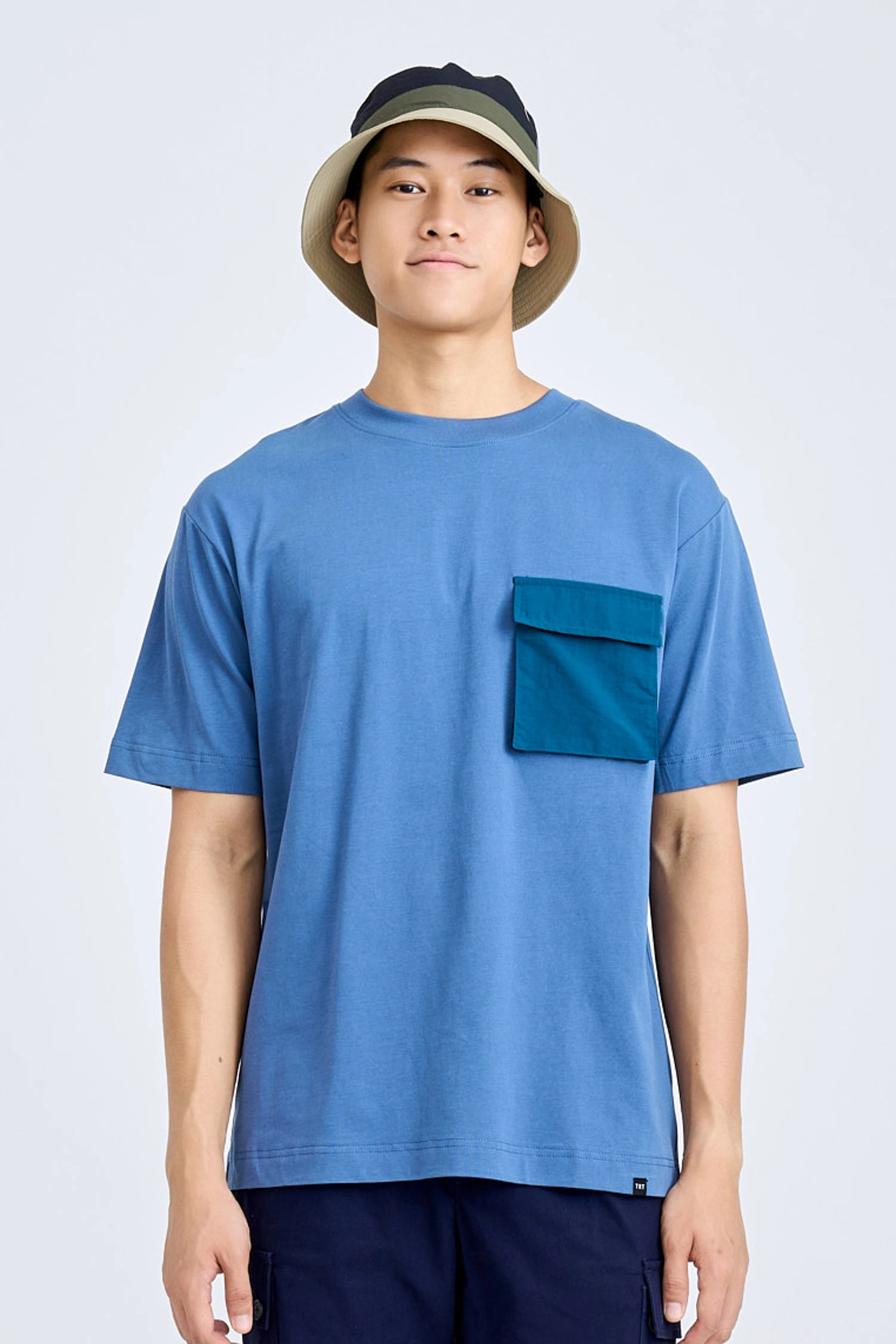 (B) Relaxed-fit Contrast Back Yoke Tee - Steel Blue [AT] Durable Reinforced Elbow Patches