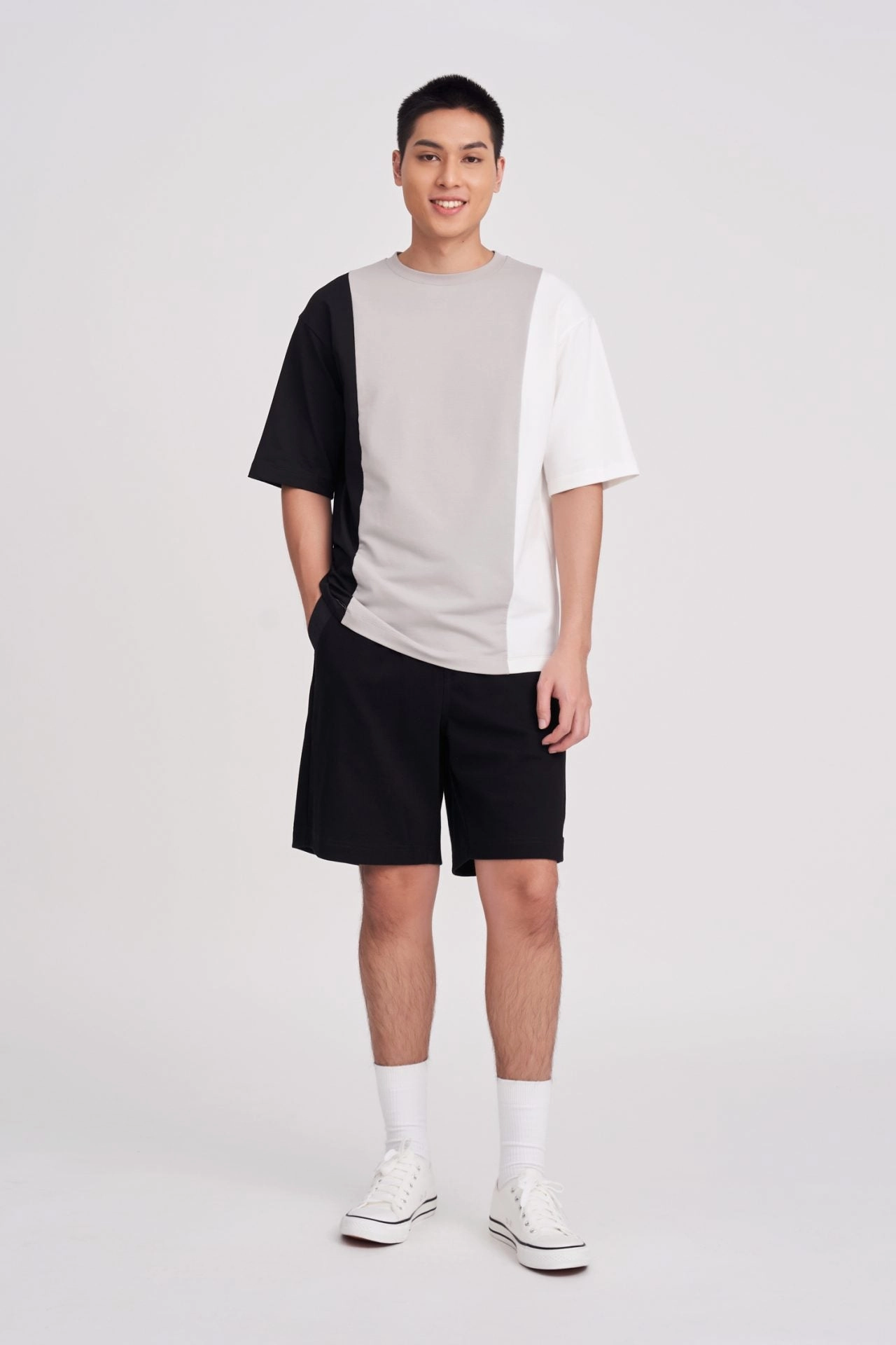 (C) Polycotton Jersey Colour Block Tee [AT] FlexibleCollarStructure Drop Shoulder Design