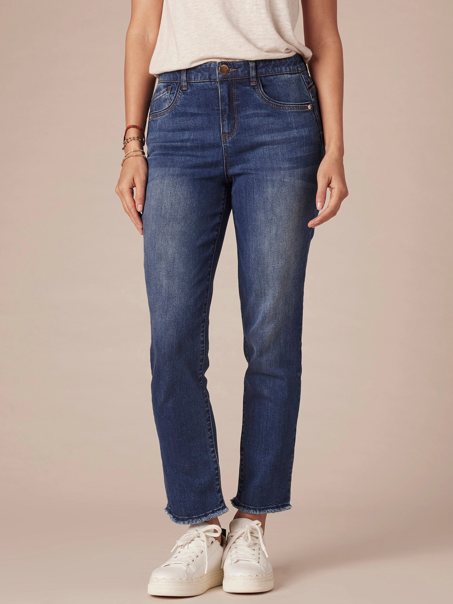 Cool Silhouette Picnic Style Textured "Ab"solution High Rise Cascading D Fray Hem Slim Straight Petite Jeans