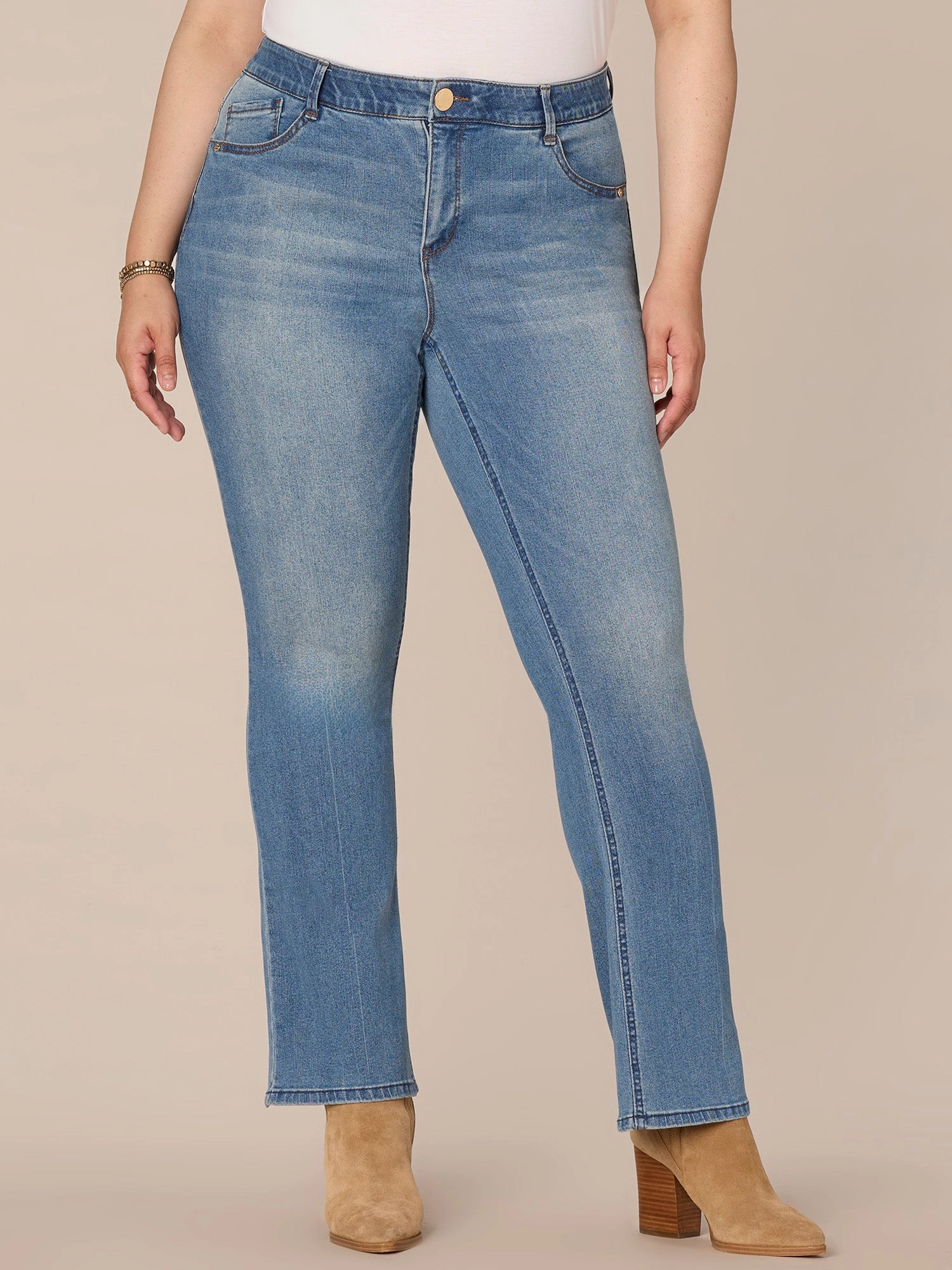 "Ab"solution High Rise Cascading D Itty Bitty Boot Plus Size Jeans Fade Resistant Finish