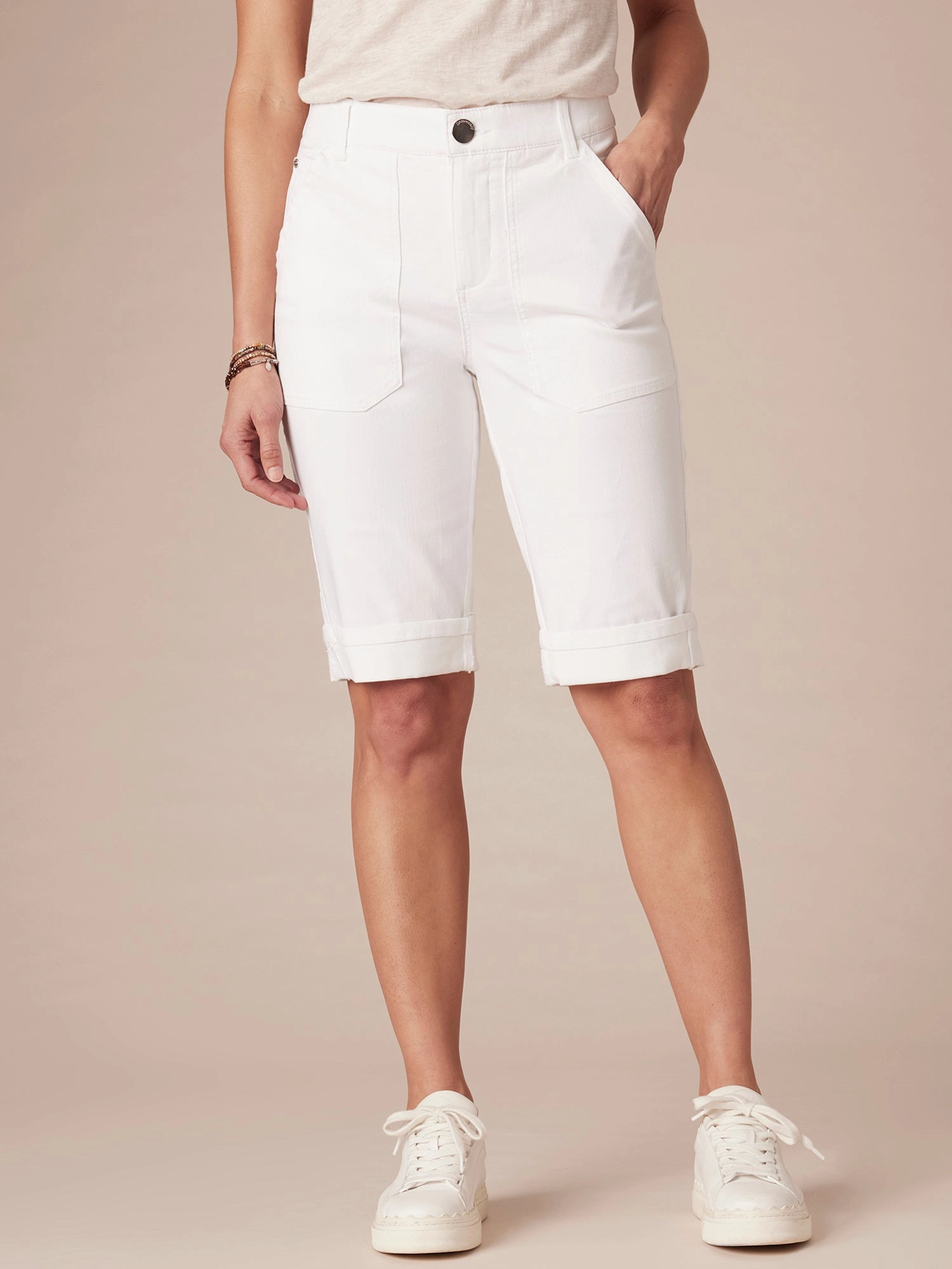 Fall Outfit "Ab"solution High Rise Cuffed Denim Bermuda Short with Coin Pockets