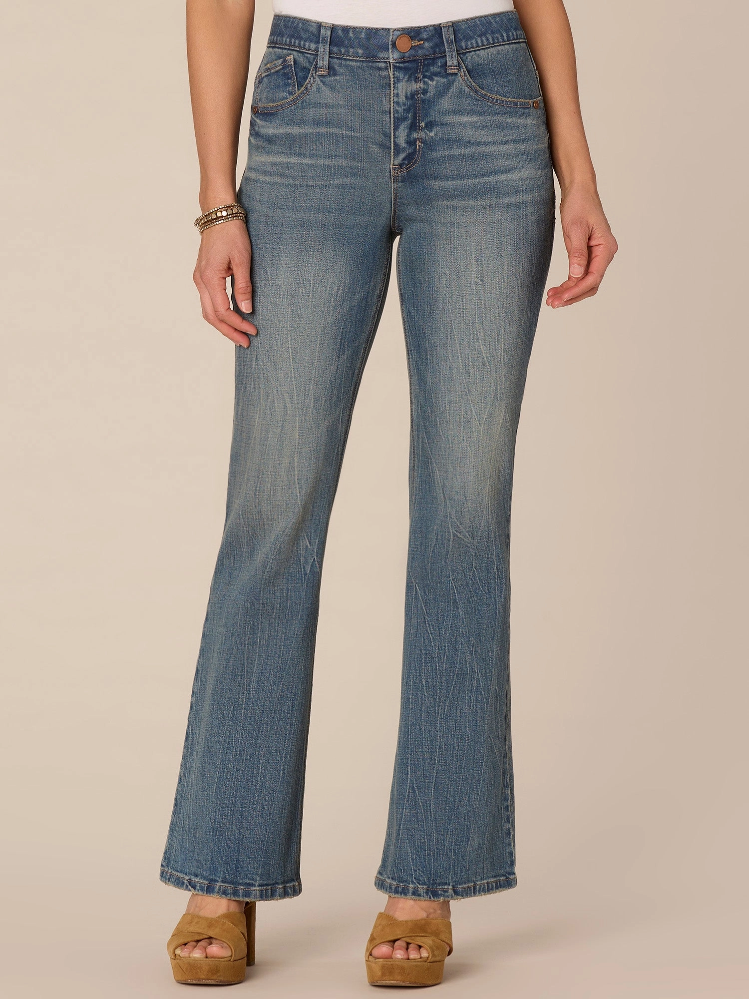 Laser Cut Edges Affordable Fashion Lover "Ab"solution High Rise Out There Flare Petite Jeans with Subtle Fading