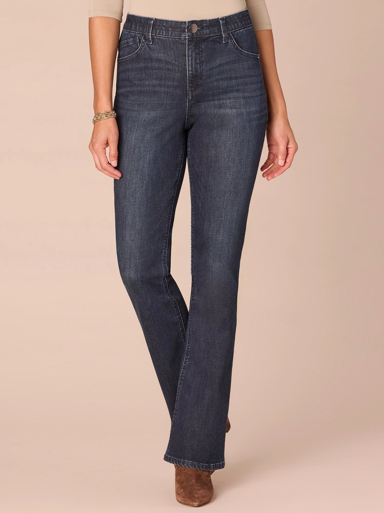 Balanced Wardrobe Modern Comfort "Ab"solution? High Rise Rhinestone "D" Petite Itty Bitty Boot Jeans
