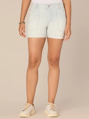 "Ab"solution High Rise Roll Cuff Petite Shorts with Angled Dart Seams No Gap Waist Design