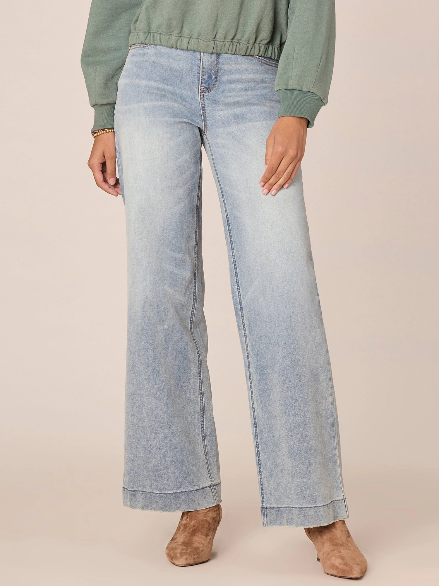 "Ab"solution High Rise Slightly Faded Wide Leg Petite Jeans Minimalist Traveler Gear Bold Look
