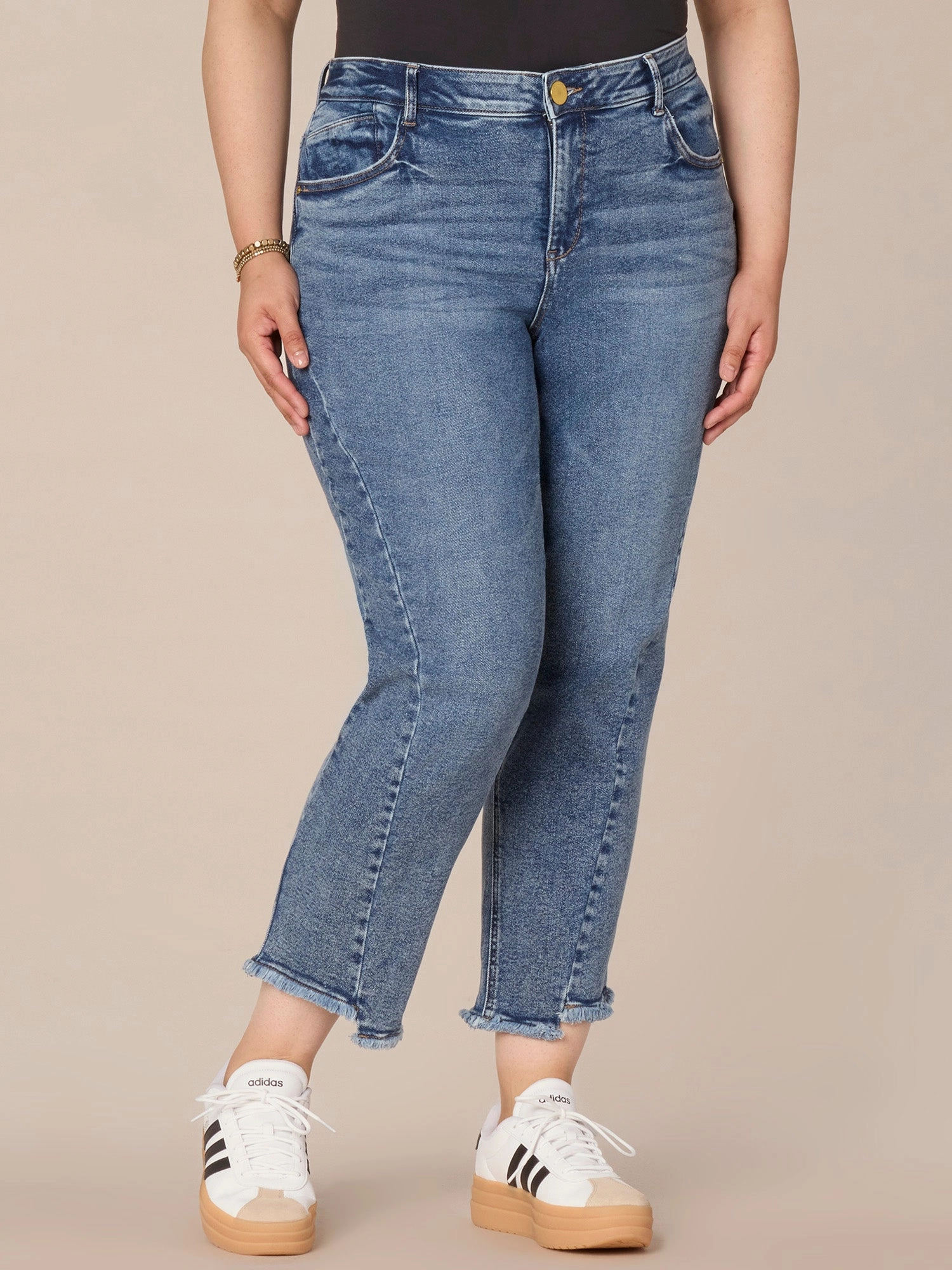 Modern Minimalist Urban Explorer Essential Layer "Ab"solution? High Rise Spliced Ankle Straight Leg Plus Size Jeans