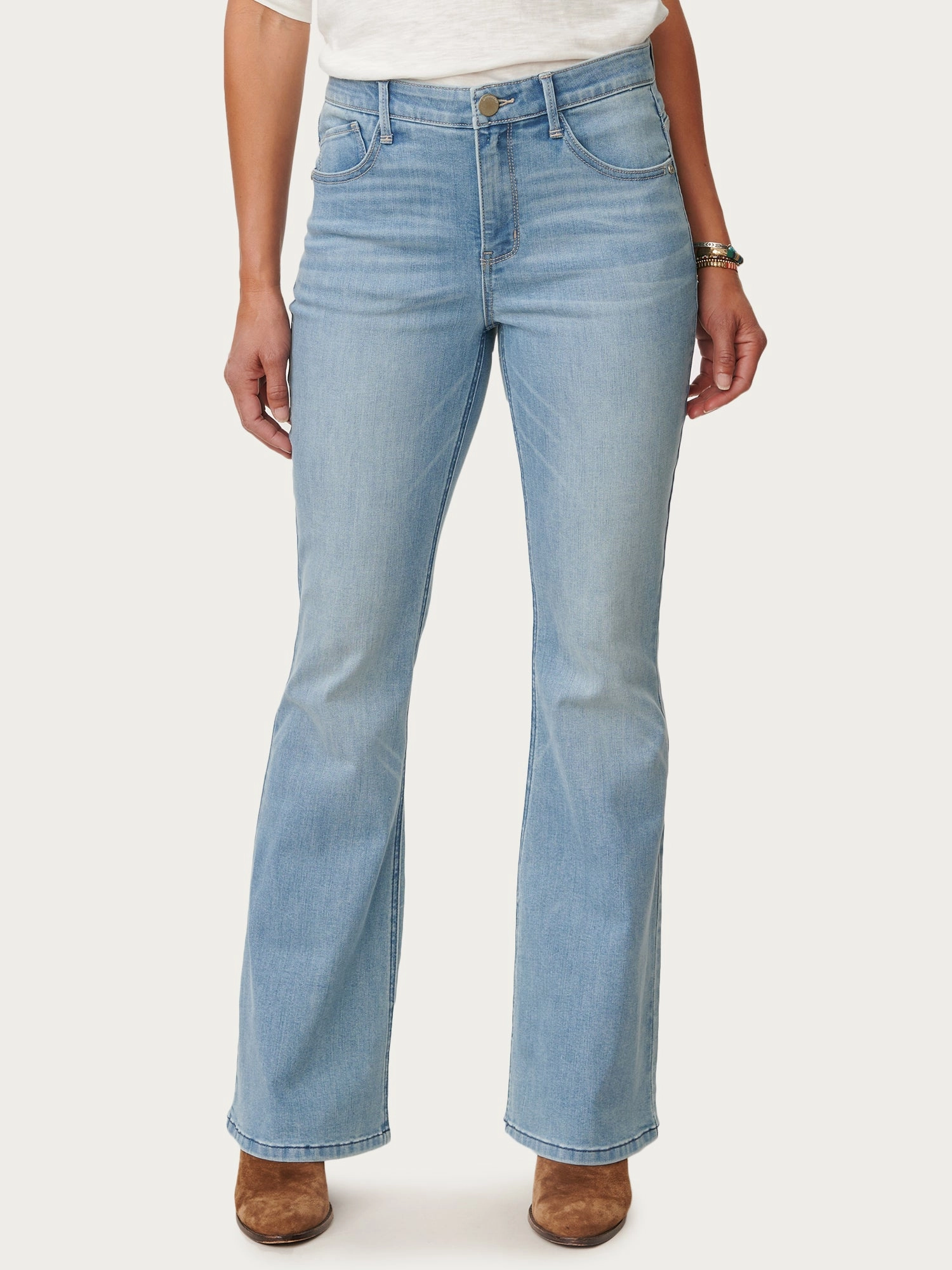 Stylish Casual Parent Style Evening Stroll Festival Outfit "Ab"solution? Light Blue High Rise Out There Flare Jeans