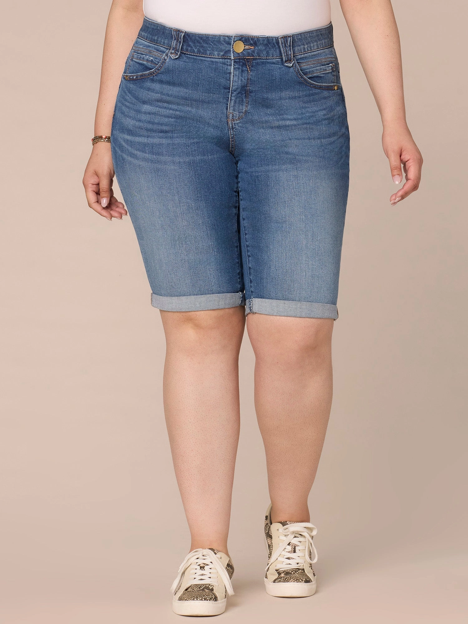 "Ab"solution Mid-Rise Bermuda Plus Size Shorts with Angled Dart Seams Modern Silhouette