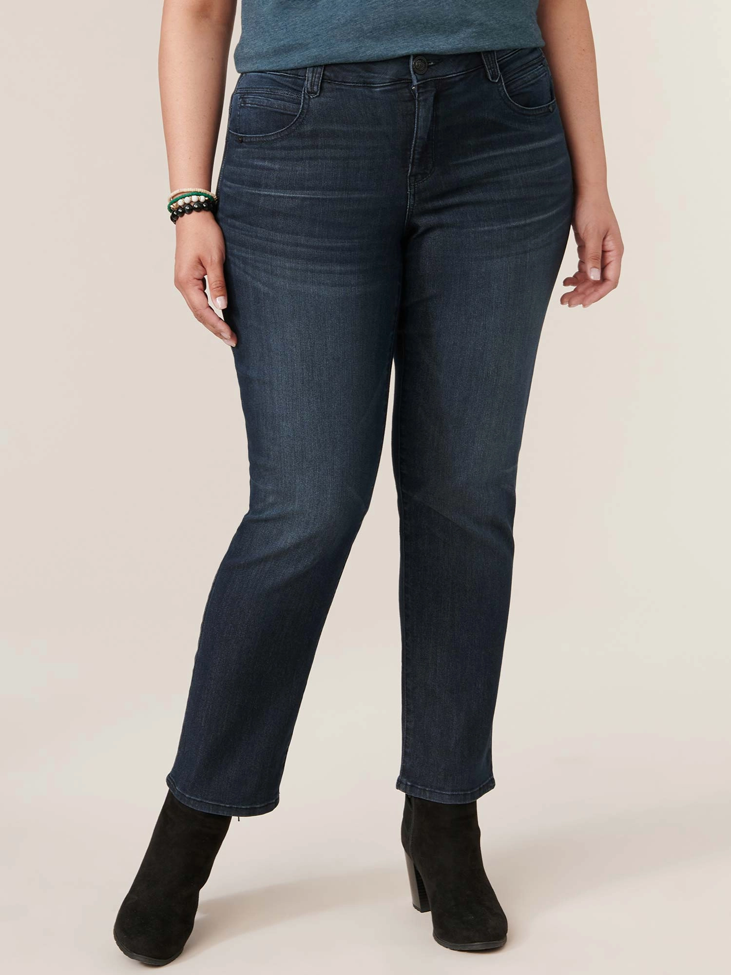 Home Comfort Autumn Days Elegant Everyday Style "Ab"solution? Mid Rise Dark Indigo Straight Leg Plus Jeans