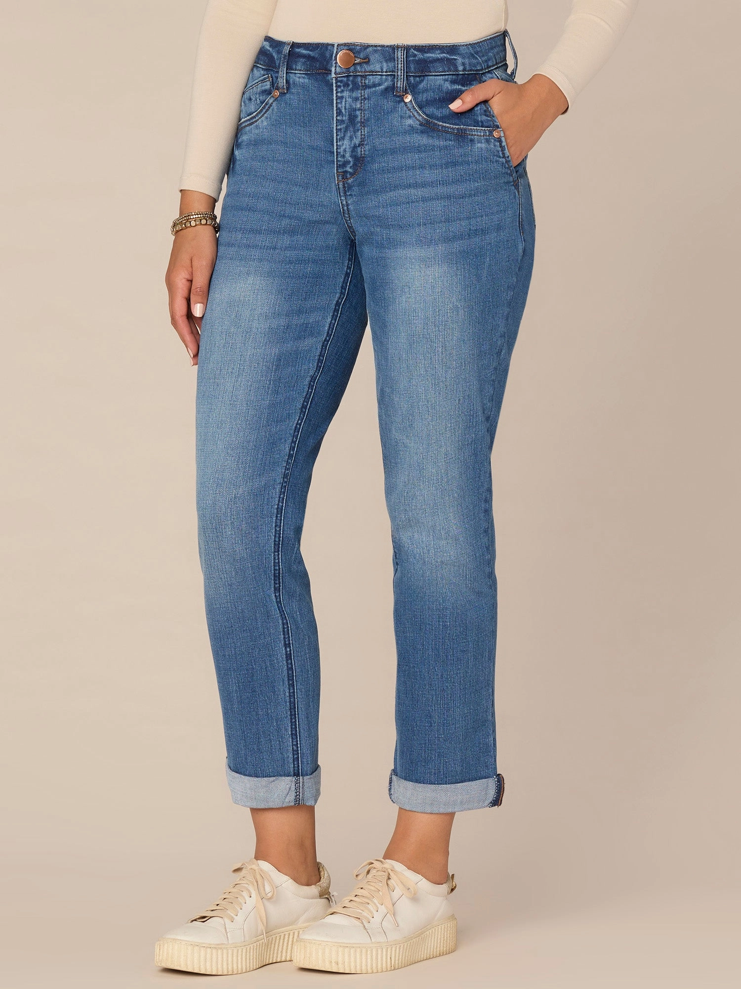 Neutral Tone All Season Style "Ab"solution Mid-Rise Girlfriend Jeans with Side Entry Pockets
