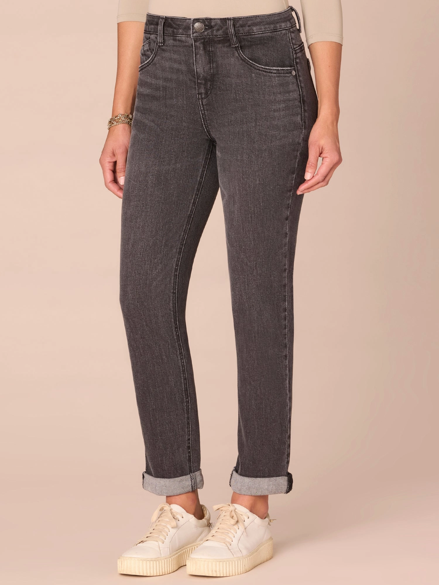 "Ab"solution? Mid-Rise Petite Girlfriend Jeans with Roll Cuff Outfit Staple Multi Pocket Utility