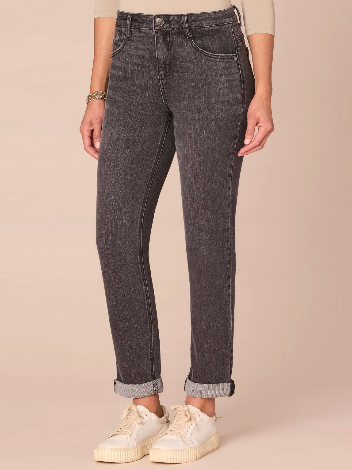 "Ab"solution? Mid-Rise Petite Girlfriend Jeans with Roll Cuff Universal Fit Design Traveler Gear Nature Lover Night Out