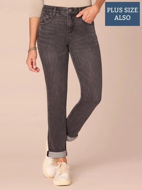All Day Use Pre Shrunk Material "Ab"solution? Mid-Rise Plus Size Girlfriend Jeans with Roll Cuff