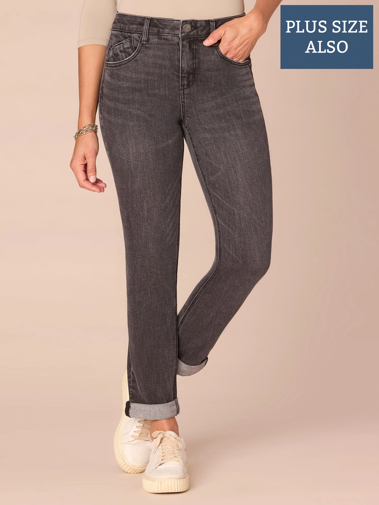 "Ab"solution? Mid-Rise Plus Size Girlfriend Jeans with Roll Cuff Home Comfort Teen Outfit Daily Essential