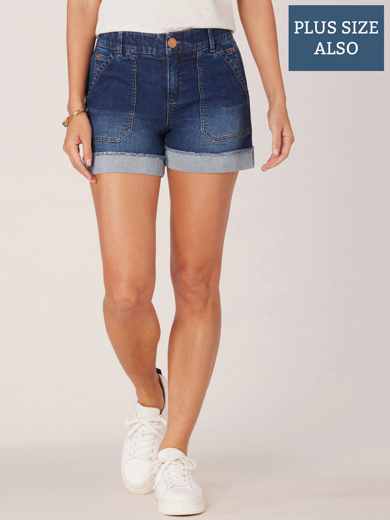 Sandblasted Details "Ab"solution Mid-Rise Roll Cuff Plus Size Shorts