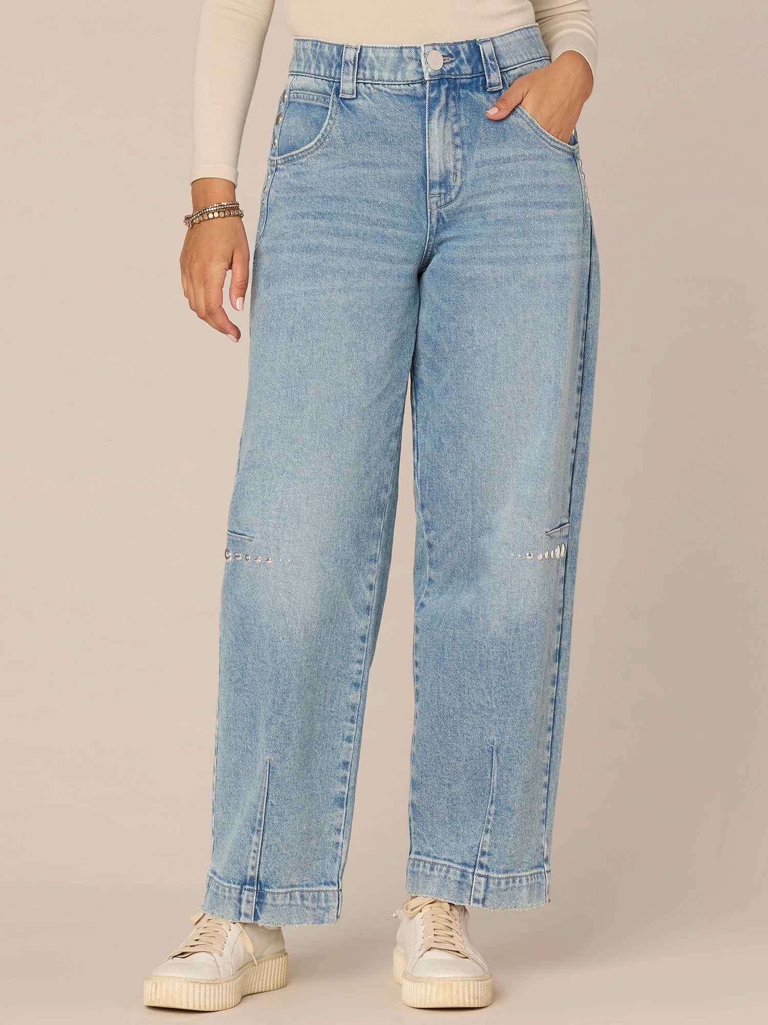Modern Minimalist Fashion Lover Modern Wear "Ab"solution Skyrise Relaxed Barrel Leg Jean with Studs