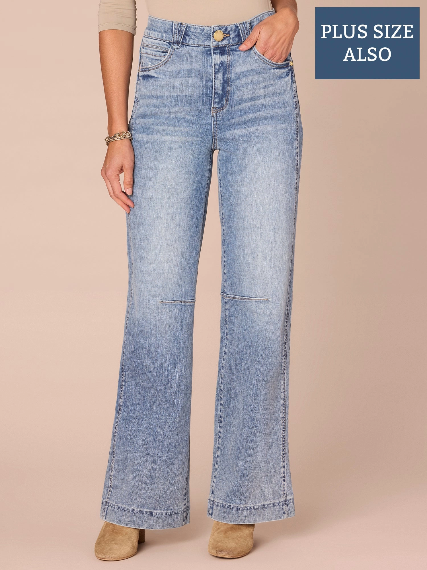 "Ab"solution? Skyrise Round Up Side Seam Plus Size Wide Leg Jeans Smooth Shape Fray Resistant Hem