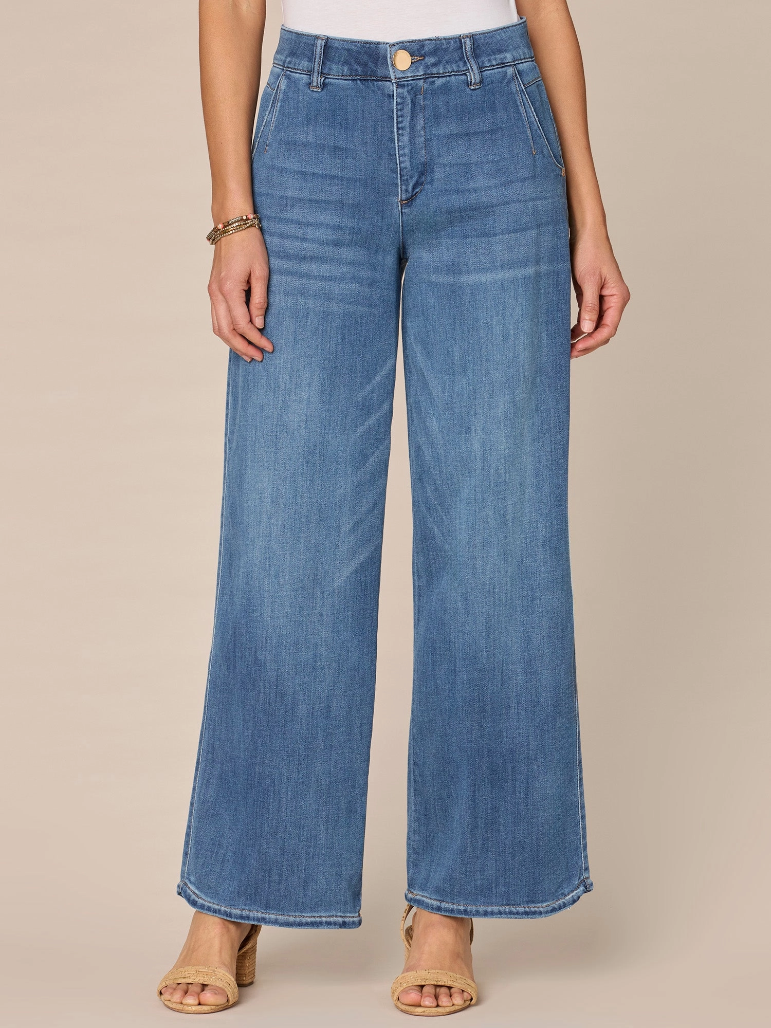 Garment Dyed Texture "Ab"solution Skyrise Tulip Hem Wide Leg Jeans with Dart Seams