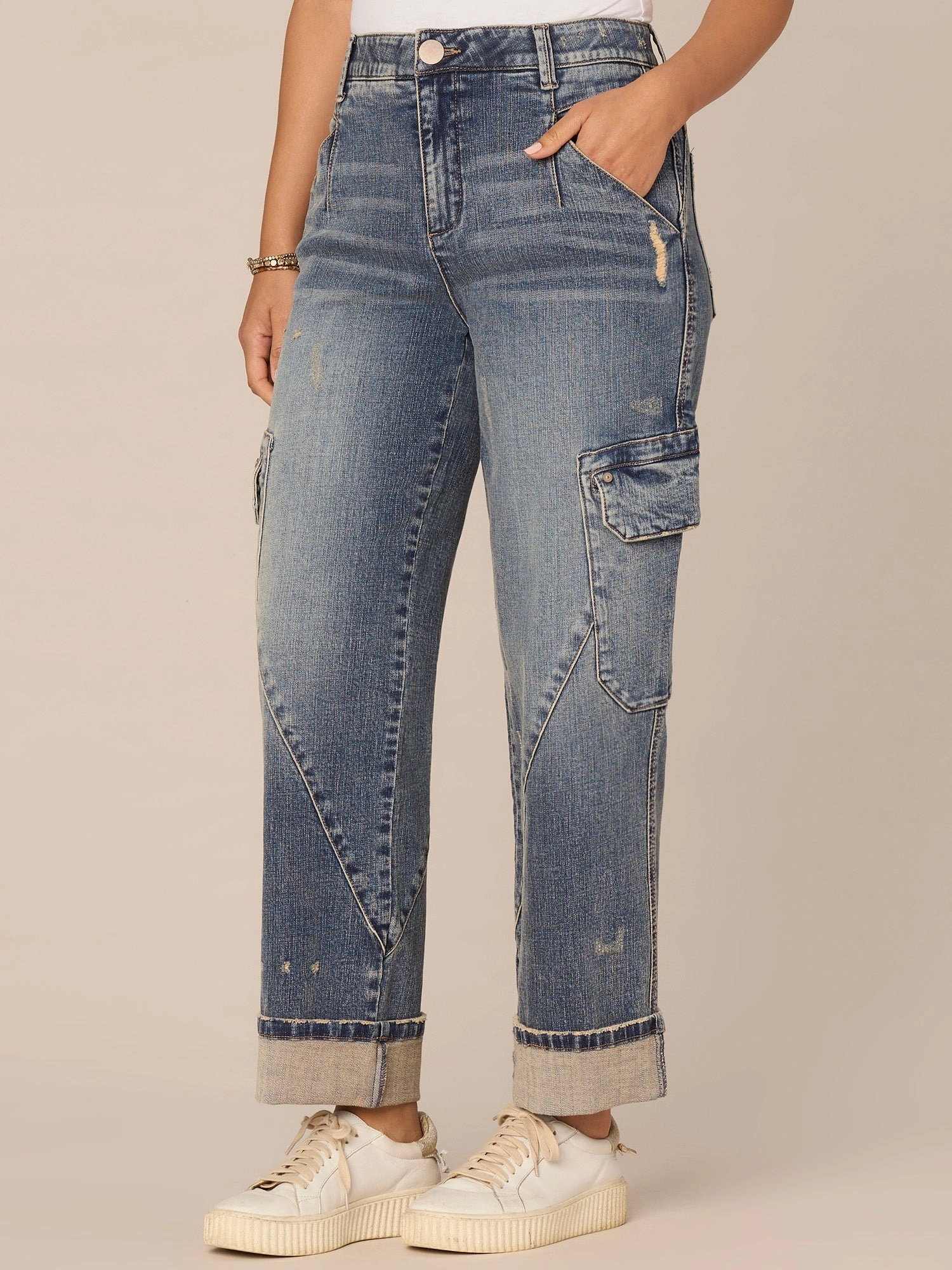 "Ab"solution? Skyrise Wide Cuff Relaxed Straight Leg Utility Jeans Zip Fly Closure