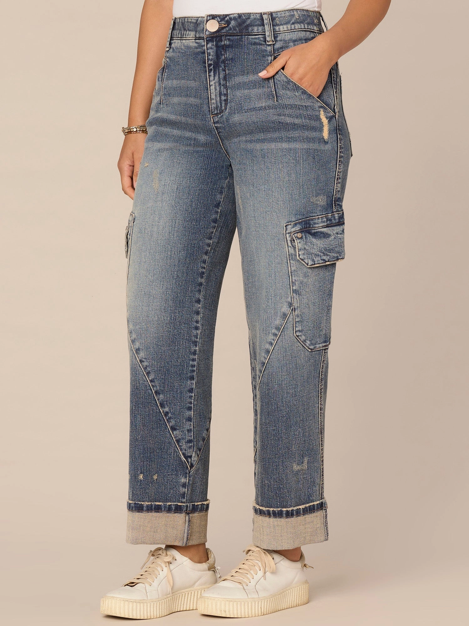 "Ab"solution? Skyrise Wide Cuff Relaxed Straight Leg Utility Jeans High Rise