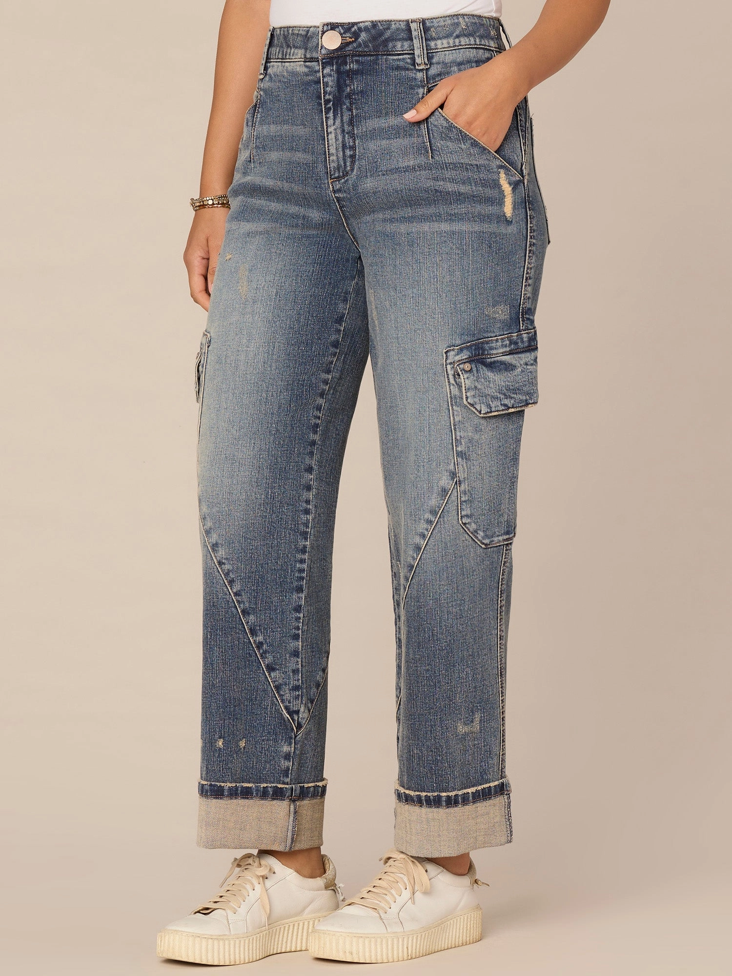 "Ab"solution? Skyrise Wide Cuff Relaxed Straight Leg Utility Jeans All Occasion