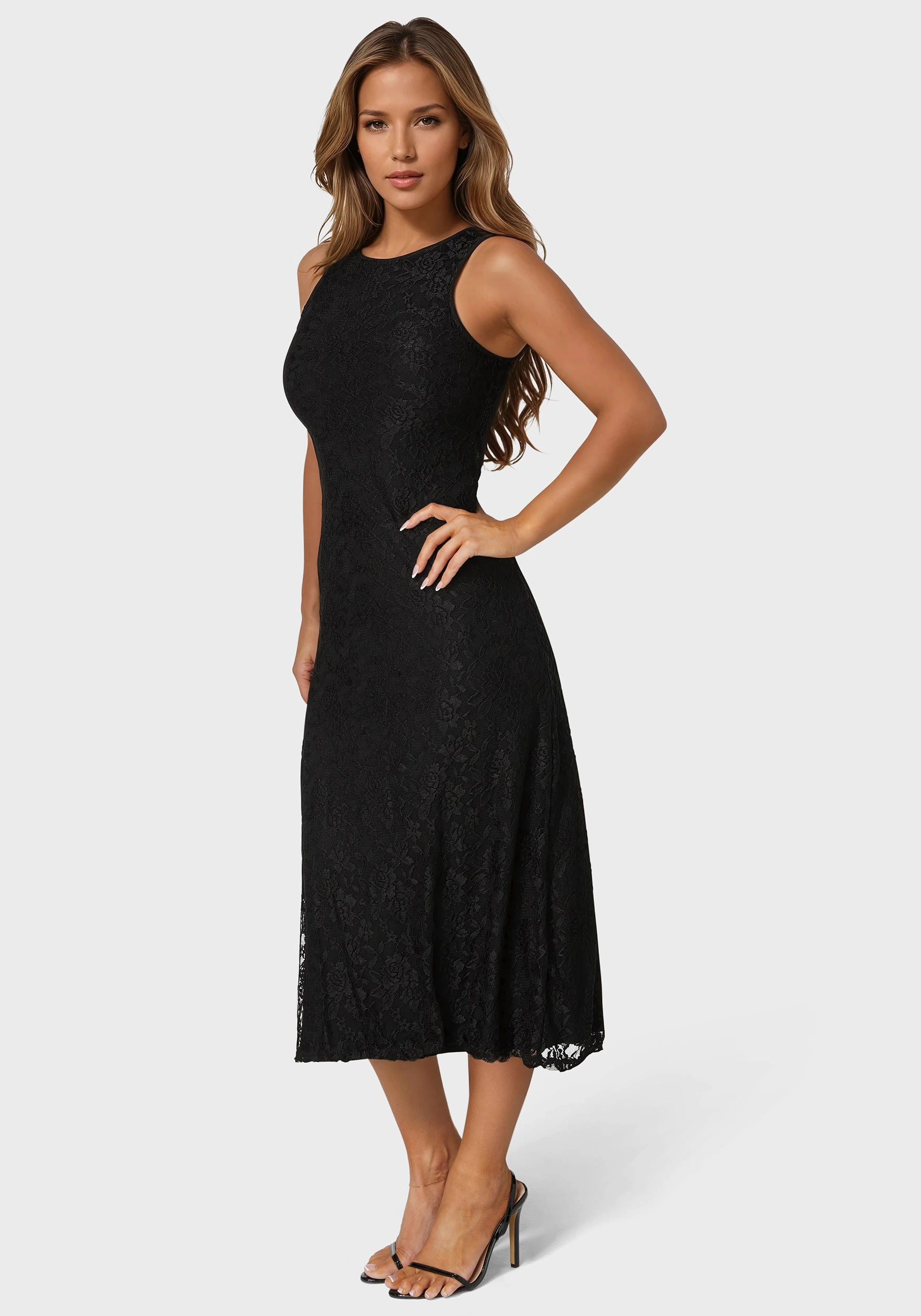A Line Lace Midi Dress LayeredHemline