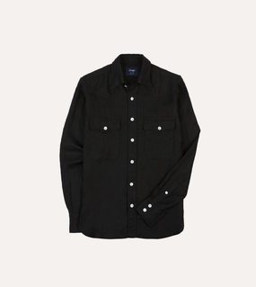 Black Linen Twill Two-Pocket Western Shirt Smooth Zipper Design