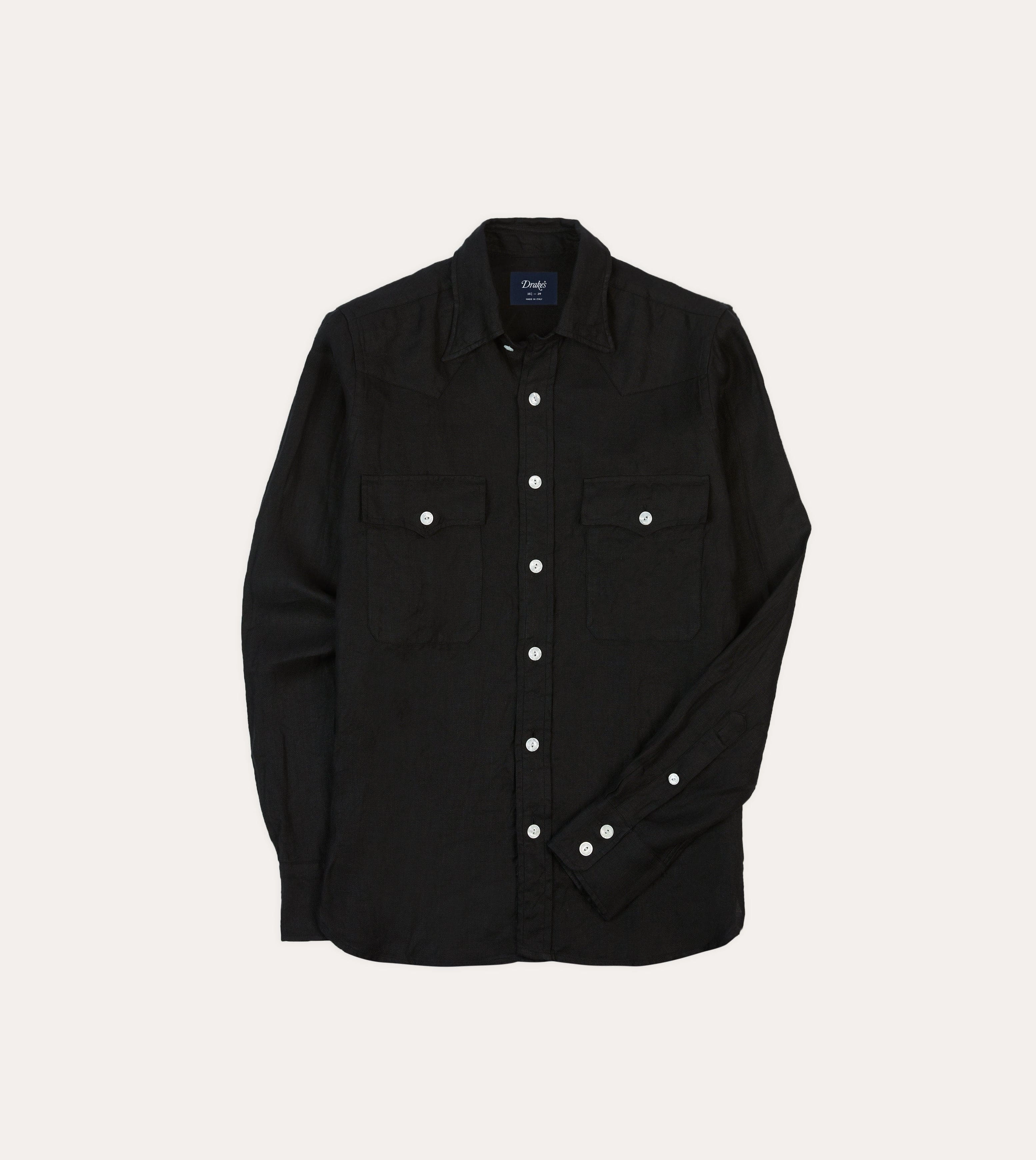 Black Linen Twill Two-Pocket Western Shirt Smooth Zipper Design